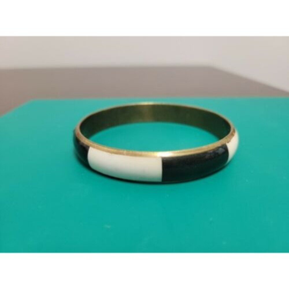 Vintage Black White Brasstone Striped Enamel Thin Bangle Bracelet Stackable EUC